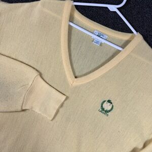 Vintage Izod Lacoste V-Neck Sweater Men's XL Yellow Golf Crest Logo USA Made 80s